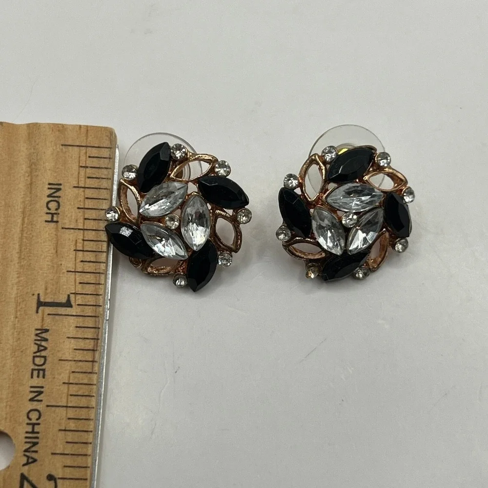 Vintage Rhinestone Pierced Earrings Black‎ Blue Clear Stones Copper Tone